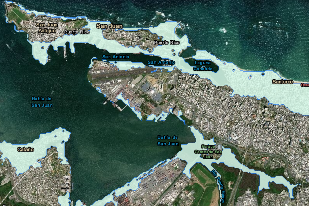 This is a screenshot of a satellite image of San Juan with areas along the coast shaded in blue.