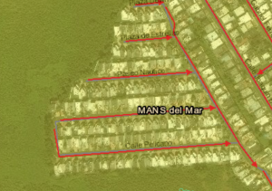 Satellite image of the Mans del Mar community from the PRSN Map Tool. The map is shaded in yellow to indicate the evacuation zone. It also shows red evacuation routes along the roads.