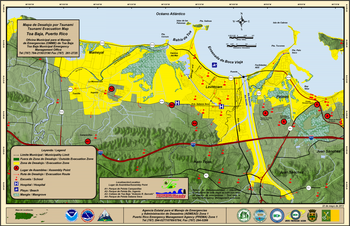 This is an image of the Toa Baja municipal evacuation route provided by PRSN. It shows the evacuation zone and other key symbols as well as contact information for emergency personnel.