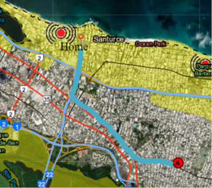 This is a screenshot of the Map Tool with an outline along the established evacuation route from a location marked "Home" to the nearest assembly point.