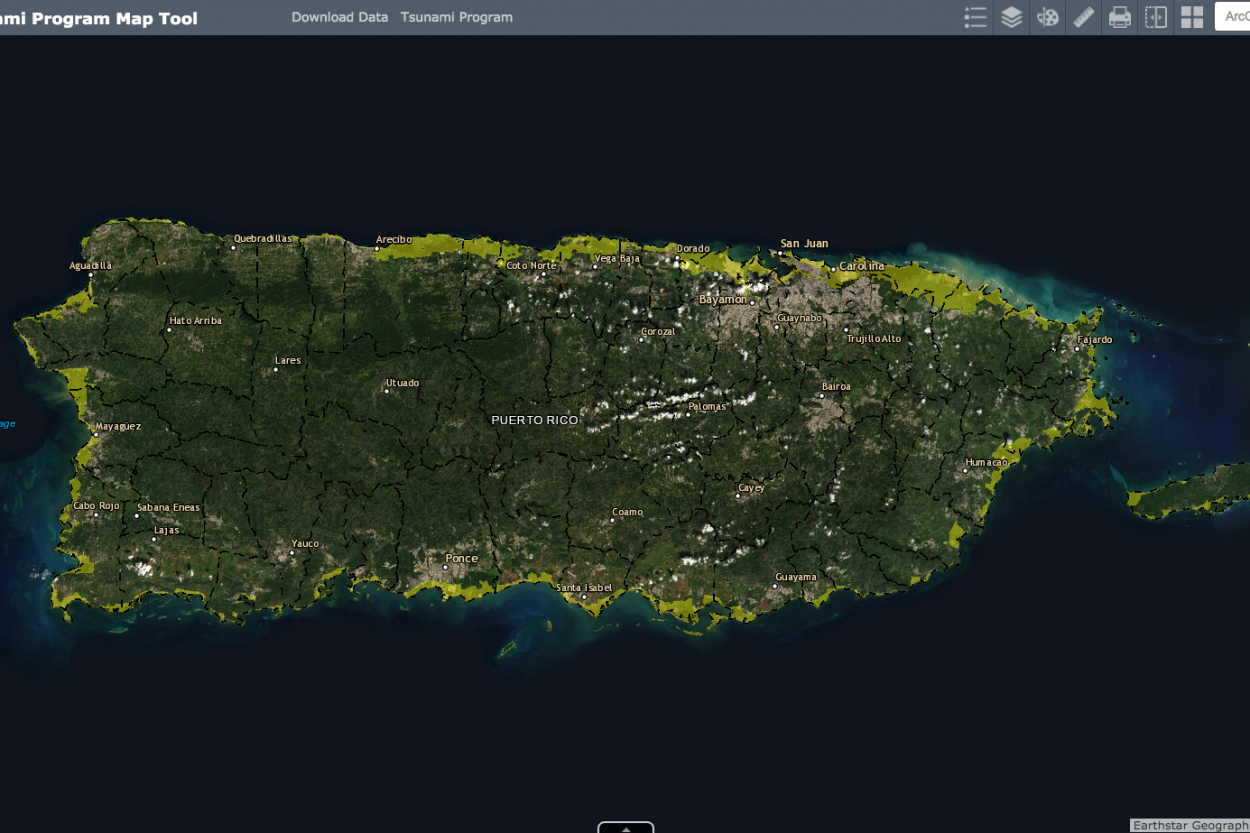 Screenshot of the interactive Map Tool, which is a satellite image map of Puerto Rico.