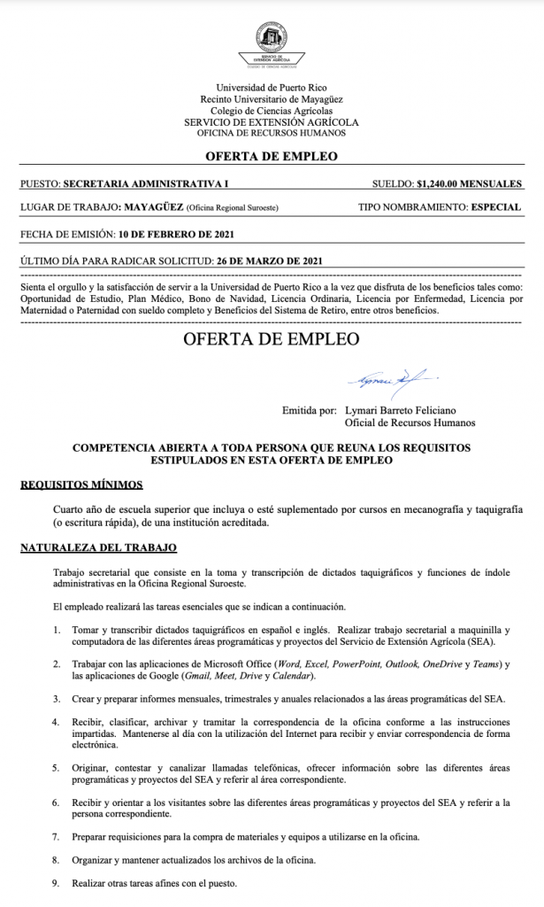 Secretaria Administrativa I – Mayagüez
